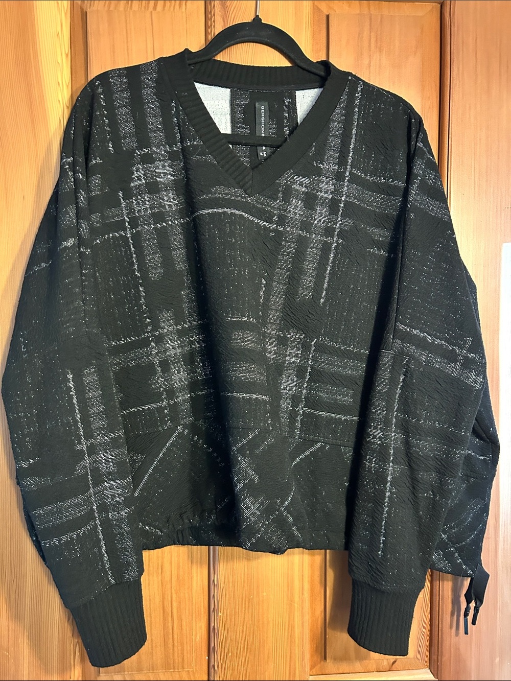 Gershon Bram Women's Black V-Neck Sweater with Gray Plaid Detail